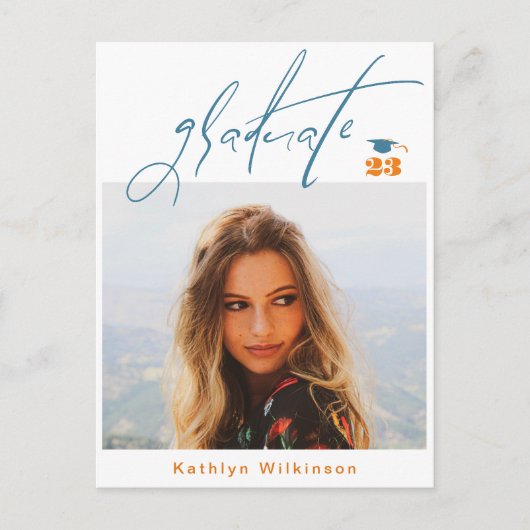 Modern Blue Oranje Script Minimalist Photo AFSTUDE Aankondigingskaart (Voorkant)