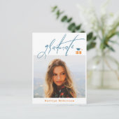 Modern Blue Oranje Script Minimalist Photo AFSTUDE Aankondigingskaart (Staand voorkant)