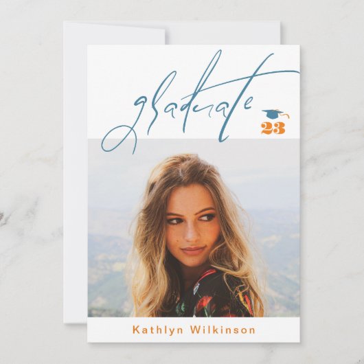 Modern Blue Oranje Script Minimalist Photo AFSTUDE Kaart (Voorkant)