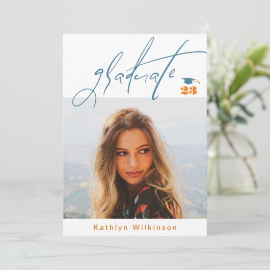 Modern Blue Oranje Script Minimalist Photo AFSTUDE Kaart (Staand voorkant)