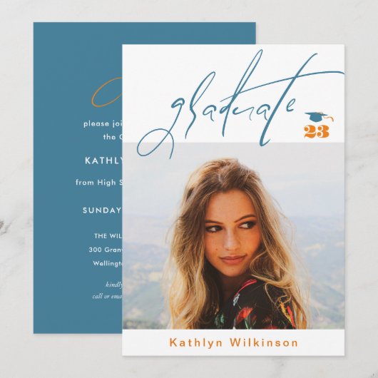 Modern Blue Oranje Script Minimalist Photo AFSTUDE Kaart (Voorkant / Achterkant)