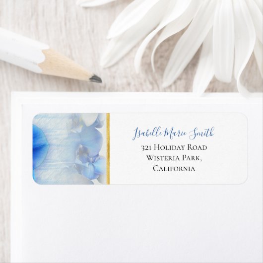 Modern Blue Orchid Floral Gold Border Wedding Etiket (Insitu)