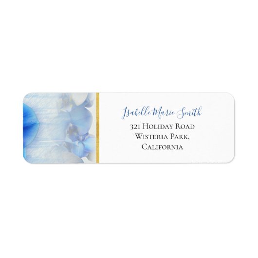 Modern Blue Orchid Floral Gold Border Wedding Etiket (Voorkant)