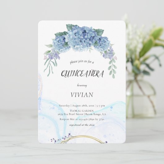 Modern Blue paars Floral Quinceanera Kaart (Staand voorkant)