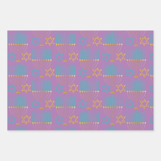 Modern Blue Paars Gold Hanukkah Menorahs & Stars Inpakpapier Vel (Voorkant 3)