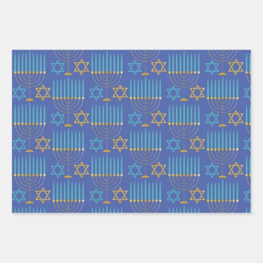 Modern Blue Paars Gold Hanukkah Menorahs & Stars Inpakpapier Vel (Voorkant 2)