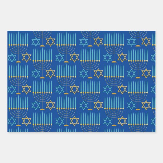 Modern Blue Paars Gold Hanukkah Menorahs & Stars Inpakpapier Vel (Voorkant)