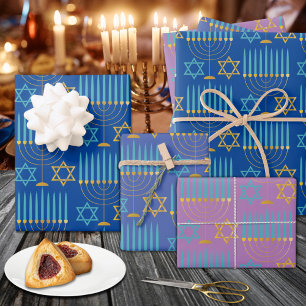 Modern Blue Paars Gold Hanukkah Menorahs & Stars Inpakpapier Vel