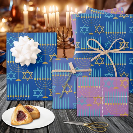 Modern Blue Paars Gold Hanukkah Menorahs & Stars Inpakpapier Vel