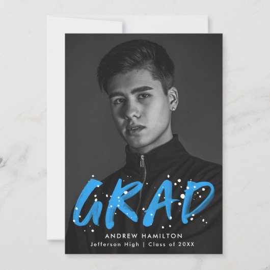 Modern Blue Paint Splatter Photo Afstuderen Aankondiging (Voorkant)