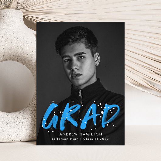 Modern Blue Paint Splatter Photo Afstuderen Aankondiging