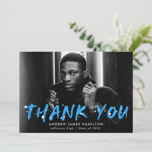 Modern Blue Paint Splatter Photo Afstuderen Bedankkaart (Staand voorkant)