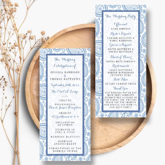 Modern Blue Paisley huwelijksprogramma Reclamekaart