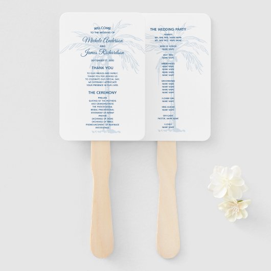 Modern Blue Palm Tropical Beach Wedding Programme Handwaaier (Voorkant en achterkant)