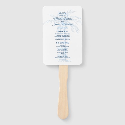 Modern Blue Palm Tropical Beach Wedding Programme Handwaaier (Voorkant)