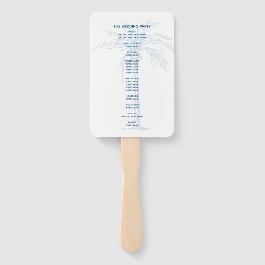 Modern Blue Palm Tropical Beach Wedding Programme Handwaaier (Achterkant)