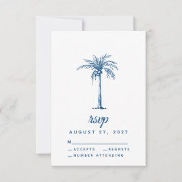 Modern Blue Palm Tropical Beach Wedding RSVP Kaartje