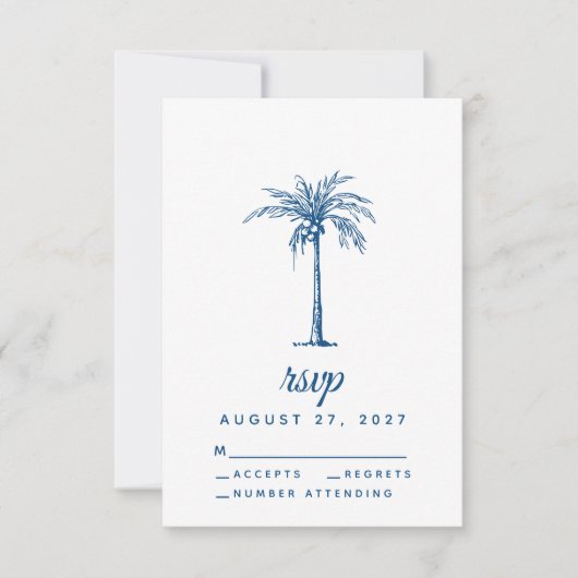 Modern Blue Palm Tropical Beach Wedding RSVP Kaartje (Voorkant)