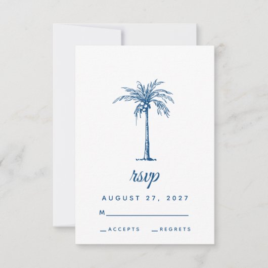 Modern Blue Palm Tropical Beach Wedding RSVP Kaartje (Voorkant)
