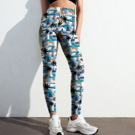 Modern Blue Palm tropisch gecontroleerd Abstract p Leggings