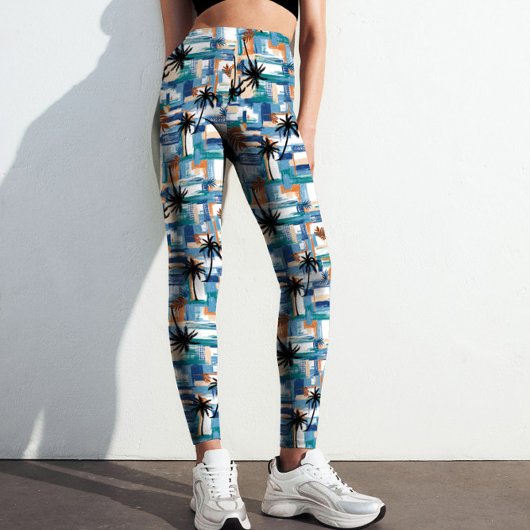 Modern Blue Palm tropisch gecontroleerd Abstract p Leggings