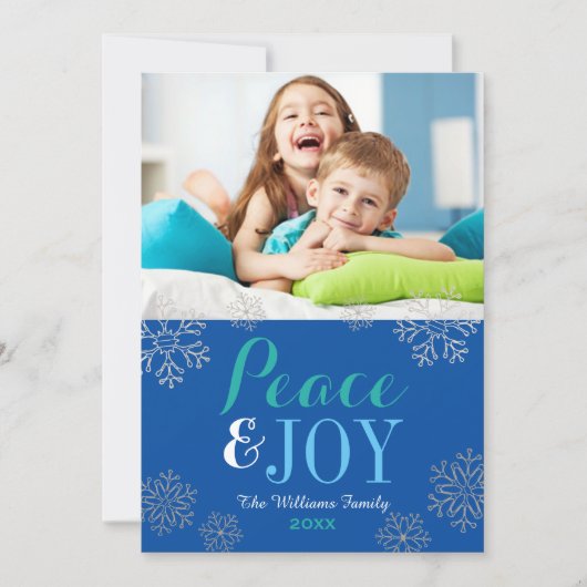 Modern Blue Peace and Joy Snowflake Photo Feestdagenkaart (Voorkant)