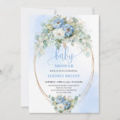 Modern Blue Peony Gold Frame Baby Shower Invite Kaart (Voorkant)