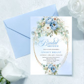 Modern Blue Peony Gold Frame Bridal Shower Invite Kaart