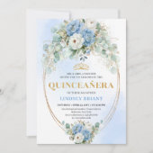 Modern Blue Peony Quinceañera 15th Birthday Invite Kaart (Voorkant)