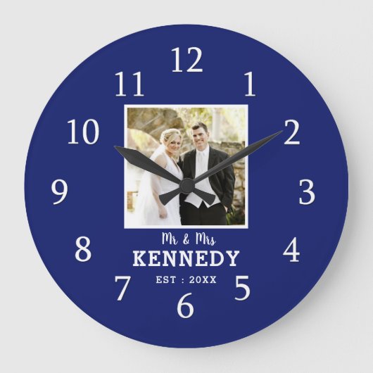 Modern Blue Personalized Photo Wedding Jubileum Grote Klok (Voorkant)