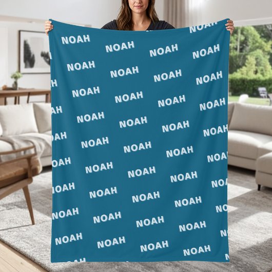 Modern Blue Personalized Repeating Name Pattern Fleece Deken