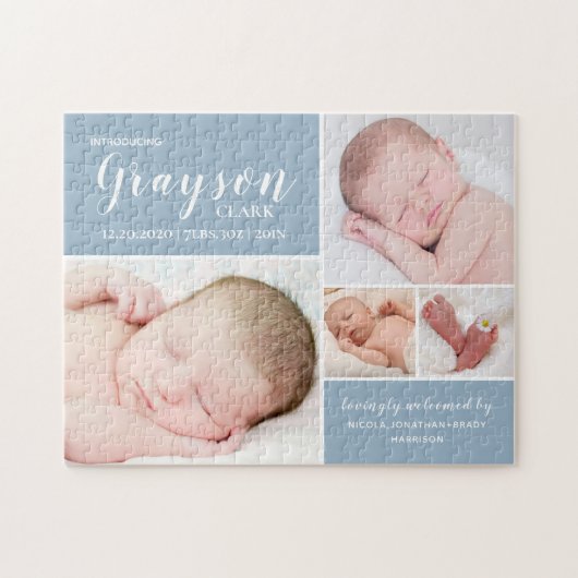 Modern Blue Photo Collage Baby Birth Stats Legpuzzel (Horizontaal)