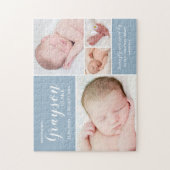 Modern Blue Photo Collage Baby Birth Stats Legpuzzel (Verticaal)