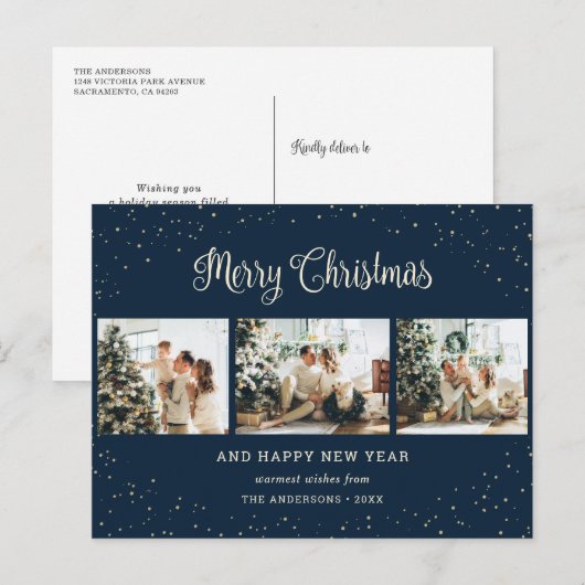 Modern Blue Photo Collage Merry Kerstry Feestdagenkaart (Voorkant / Achterkant)