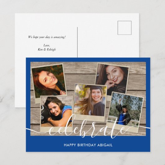 Modern Blue Photo Collage Verjaardag Kaart (Voorkant / Achterkant)