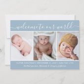 Modern Blue Photo Collage Welkom Baby Birth Aankondiging (Voorkant)