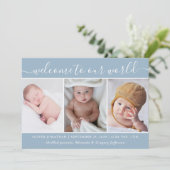 Modern Blue Photo Collage Welkom Baby Birth Aankondiging (Staand voorkant)