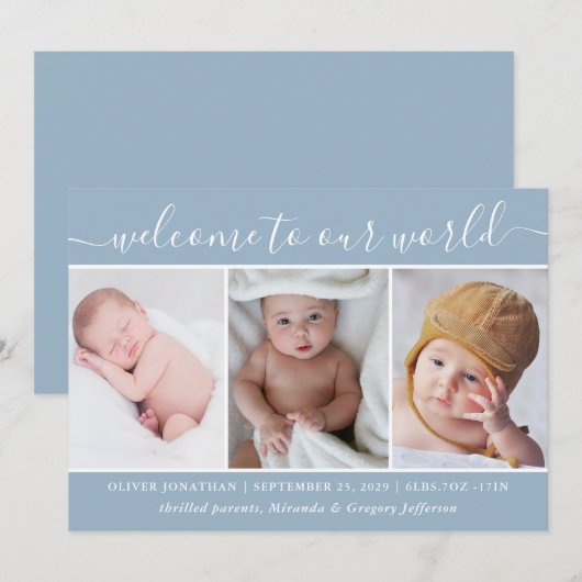 Modern Blue Photo Collage Welkom Baby Birth Aankondiging (Voorkant / Achterkant)