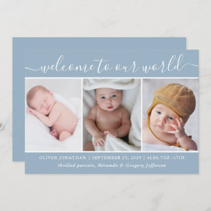 Modern Blue Photo Collage Welkom Baby Birth Aankondiging