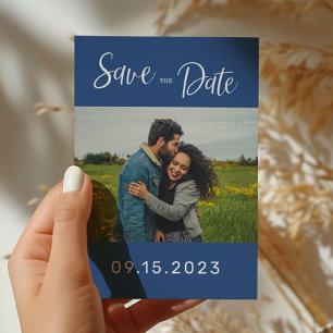 Modern Blue Photo Wedding Save the Date Briefkaart
