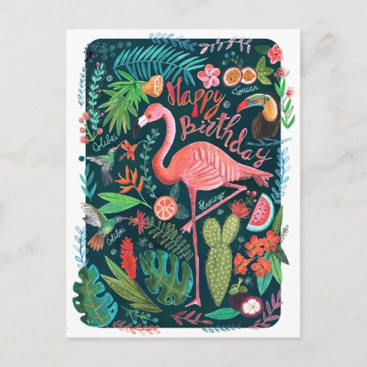 Modern Blue & Pink Flamingo schilderd Birthday Briefkaart (Voorkant)