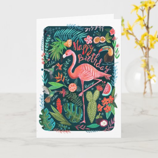 Modern Blue & Pink Flamingo schilderd Birthday Kaart (Gele Bloem)
