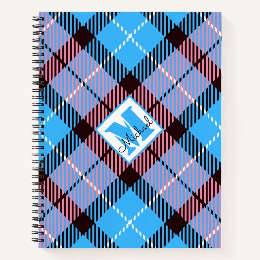 Modern Blue Pink Pset Tartan Aangepaste naam Notitieboek (Voorkant)