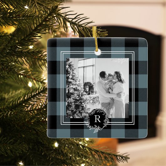 Modern Blue Plaid | Family Photo | Initiaal Keramisch Ornament