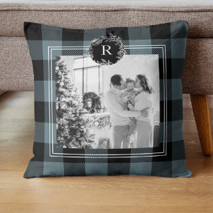 Modern Blue Plaid   Family Photo   Initiaal Kussen