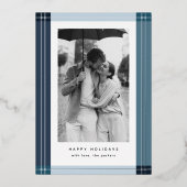 Modern Blue Plaid Lijst Kerstfoto Folie Feestdagenkaart (Voorkant)