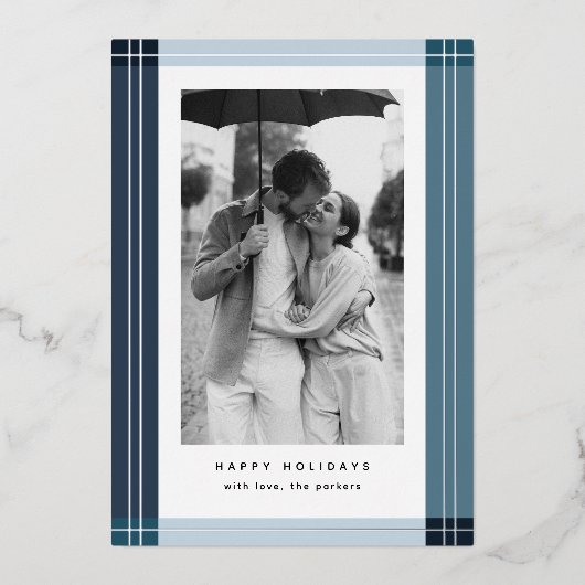Modern Blue Plaid Lijst Kerstfoto Folie Feestdagenkaart (Voorkant)