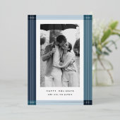 Modern Blue Plaid Lijst Kerstfoto Folie Feestdagenkaart (Staand Voorkant)