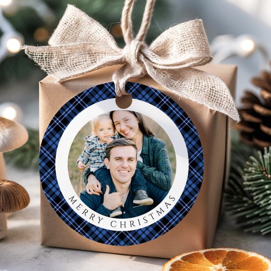 Modern Blue Plaid Photo Christmas Bedankjes Labels