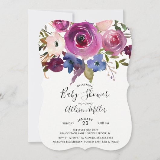 Modern Blue Plum Floral Baby shower Invitation Kaart (Voorkant)